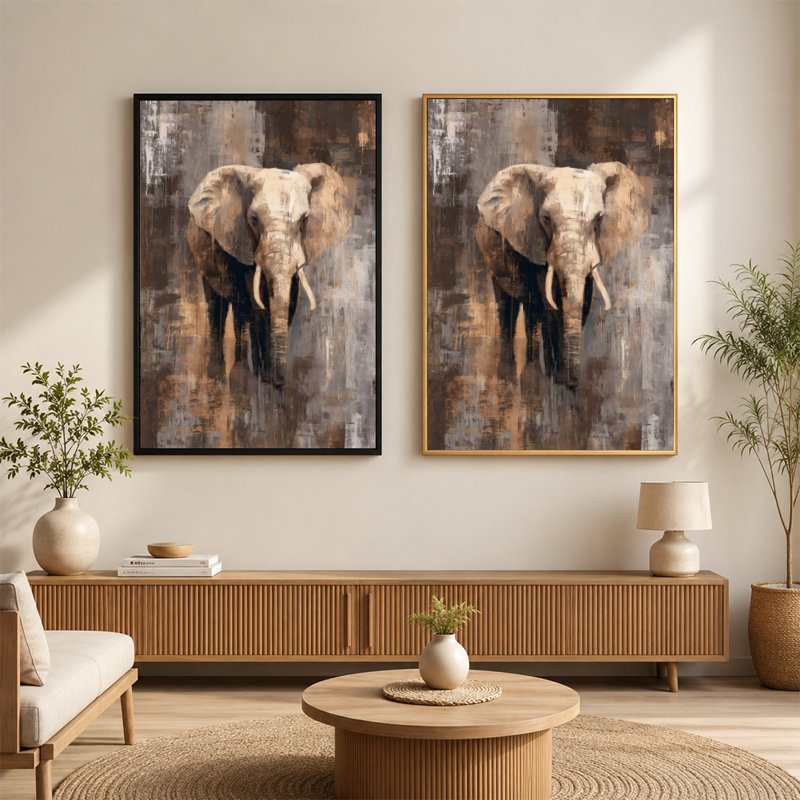 Éléphant texturé, art mural sur toile avec cadre flottant, prêt à être accroché, 24 po x 36 po, Doré