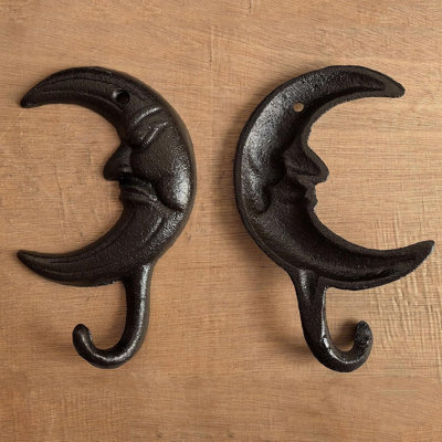 Cast Iron Hook, 2Pcs Heavy Duty Vintage Coat Hooks with Screws Coat Hook, Wall Hanging, Sun and Moon Antique Decorative