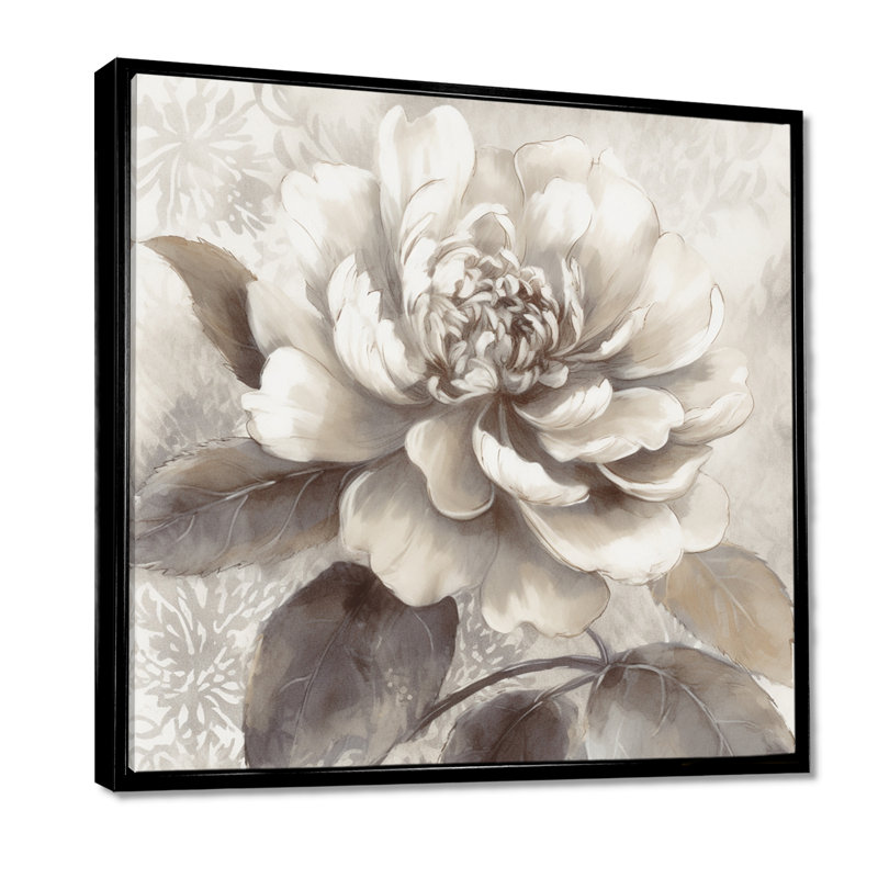 Pivoines grises sur branche II - pivoines imprimées sur toile, 44" H x 44" W, Cadre flottant noir