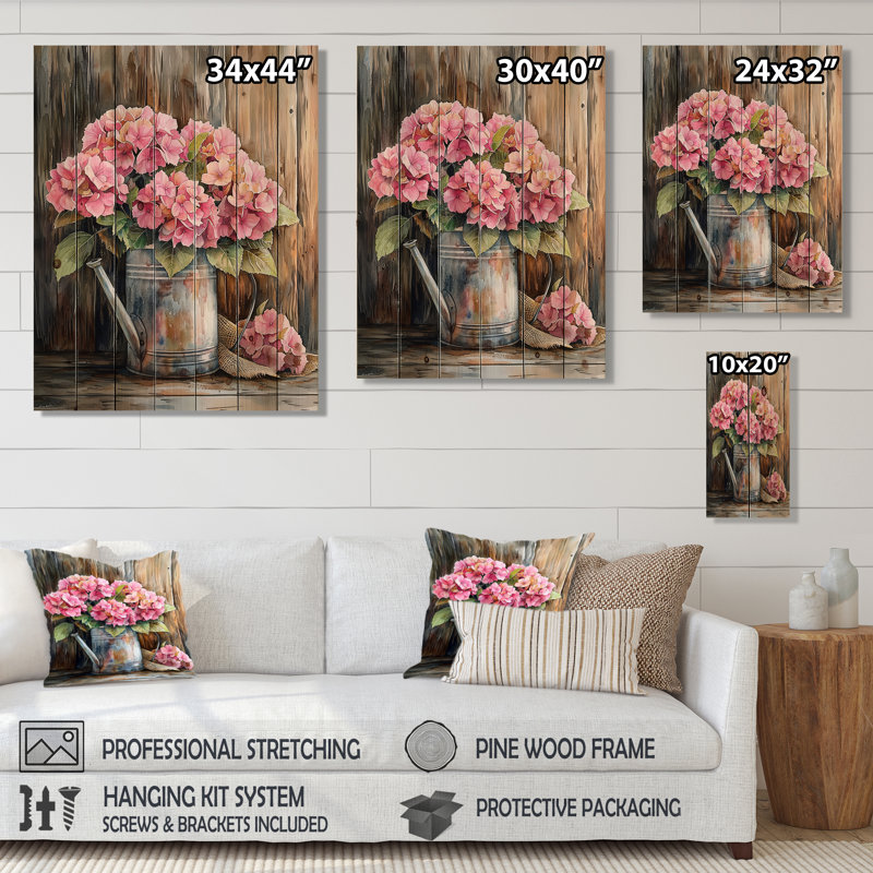 Rustic Hydrangea Bouquet At The Barn III - Hydrangea Wood Print - On Natural Pine Wood, 32" H x 24" W x 0.78" D