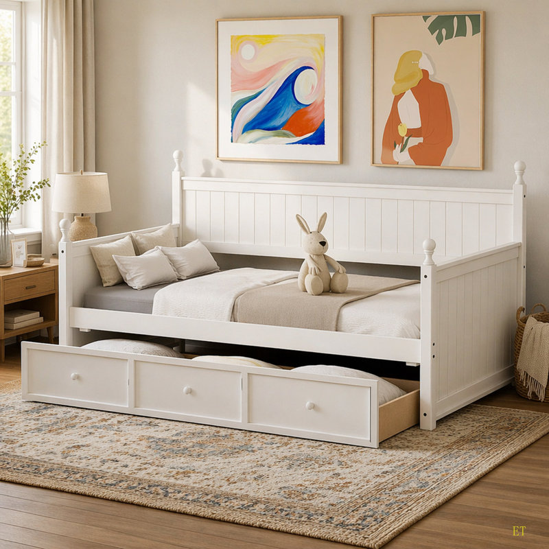 Lit de jour en bois avec trois tiroirs, lit de jour, aucun sommier nécessaire, Blanc