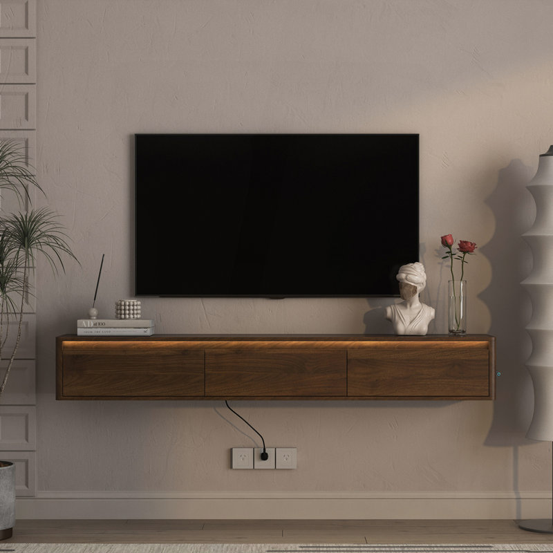 Meuble télé flottant avec lumières DEL et prise de courant, 9.84"H x 68.9"L x 11.8"W, Wood