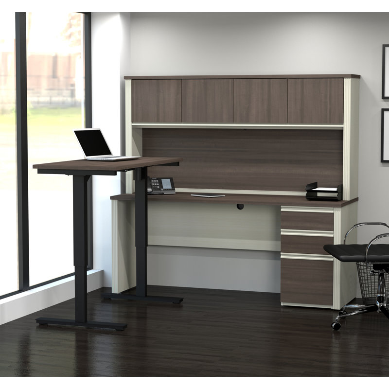 Bureau pour travailler debout en L avec huche, Chocolat blanc et Antigua