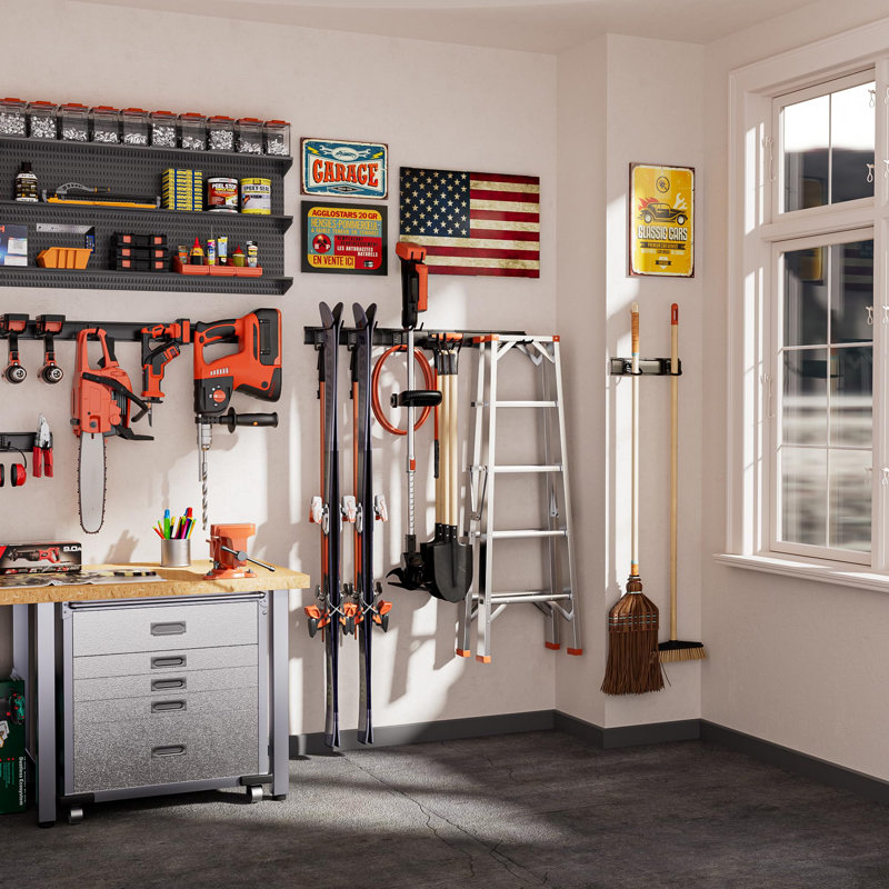 Garden Tool Organizer Wall Mount, 48 Inches Tool Storage Rack With Adjustable Hooks, 600Lbs Adjustable Heavy Duty Metal Hooks, Yard Shed Rack Holder System Hanging Rake Broom Mop, Father's Day Gifts