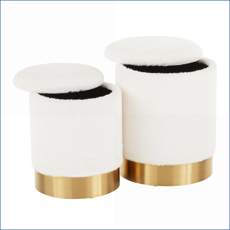 Ensemble de 2 pièces de repose-pieds avec tissu moelleux crème et repose-pieds Base en métal doré | Glam contemporain | Or | Métal