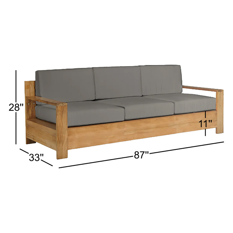 Qube 3 Person Teak Outdoor Sofa With Sunbrella Antique Beige Cushions, Charcoal Grey Sunbrella®, Natural Wood