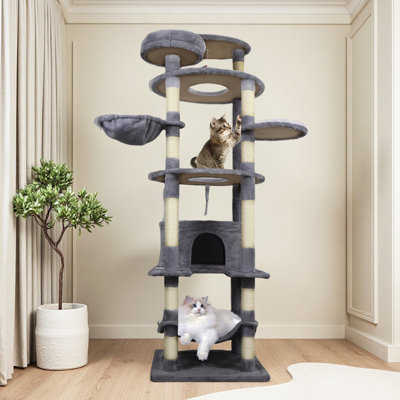 Structure de jeu 78 po en gris foncé avec base stable, zones de grattage et niveaux multiples pour la tour de chat