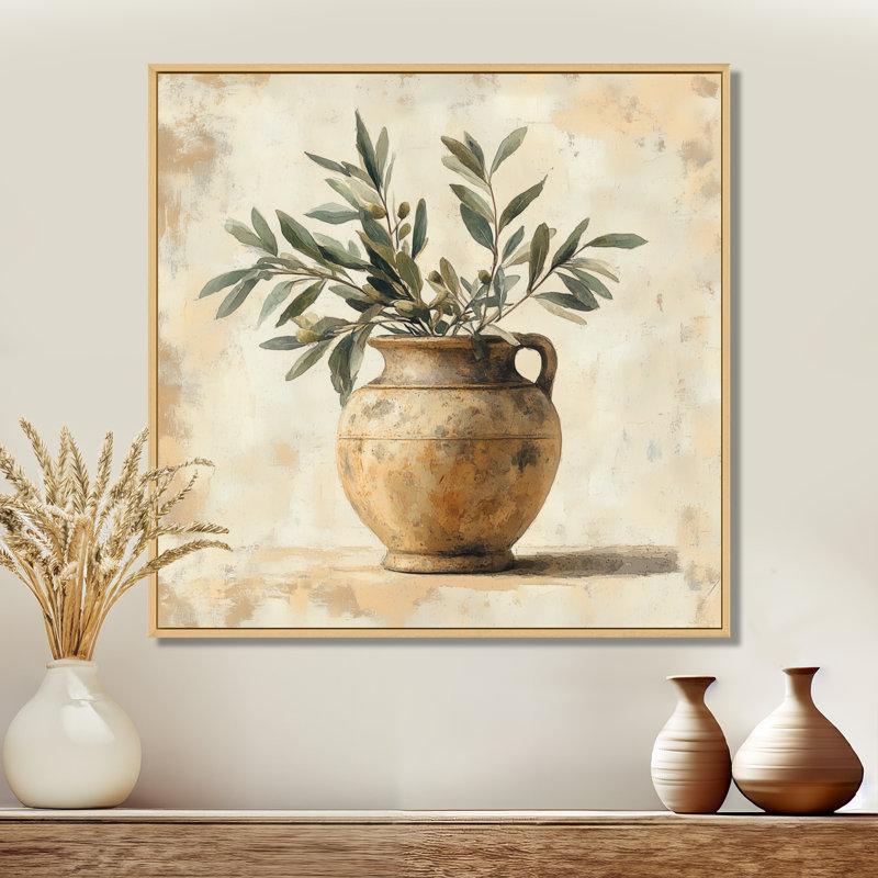 Urne antique, art mural rétro - art antique avec branches olive, H 36 po x l 36 po, Cadre naturel flottant