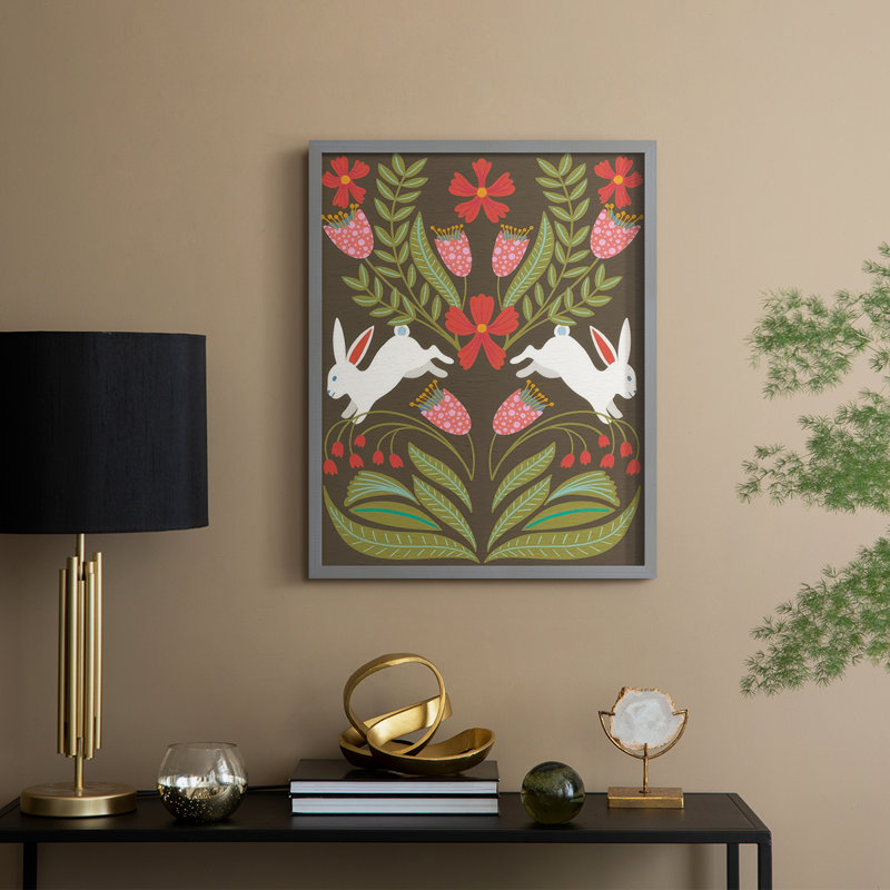 " Folk Flower And Rabbit I ", Gray, 11" H x 9" W