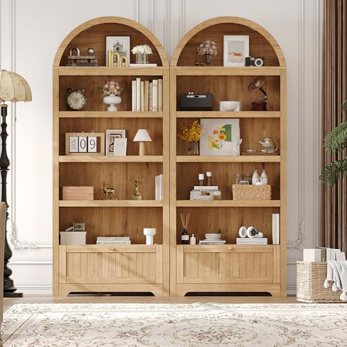 71" Tall Arched Storage Cabinet, 6 Tiers Arch Wooden Pantry Cabinet with Drawer, Adjustable Shelves, Open Display Shelves