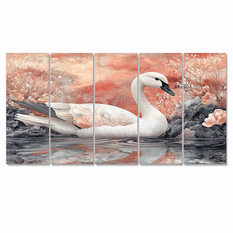 Swan Reflections of Elegance - Swans Animal Wall Art - ensemble de 5 décorations murales modernes, H 28 po x l 60 po