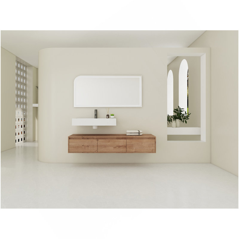 Meuble-lavabo mural de 60 po avec lavabo en résine, tiroir à fermeture en douceur et fixation flottante