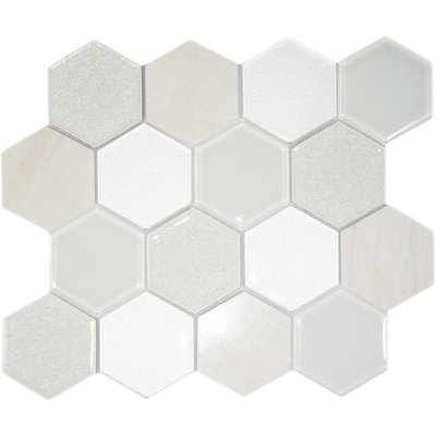 Carrelage hexagonal en mélange de brume CNK | Conception élégante en pierre et en verre craquelé de 11,93 po x 10,35 po pour les cuisines, les salles de bain et les décorations murales | Matériau durable de 8 mm d'épaisseur avec envers en filet facile - paquet de 1