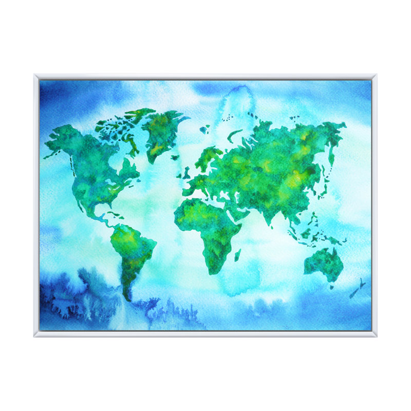 «World Map Blue Green Tone», reproduction sur toile, H 16 po x l 32 po x P 1 po, Cadre flottant blanc