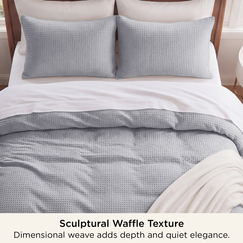 Essential Collection 100% Cotton Waffle Weave Duvet Cover Set, Gray, King Duvet Cover + 2 King Shams