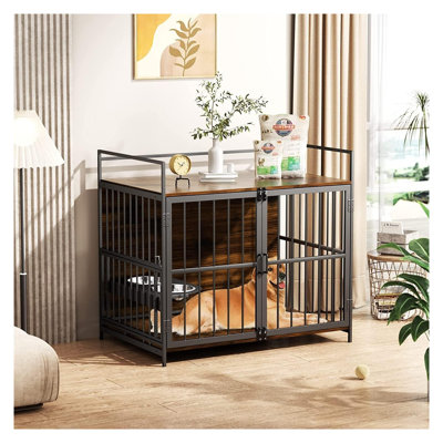 Caisse pour chien de style meuble pour grands chiens, chenil d'intérieur robuste de 41 pouces avec mangeoire réglable et rangement, panneau de fibres à densité moyenne brun et métal