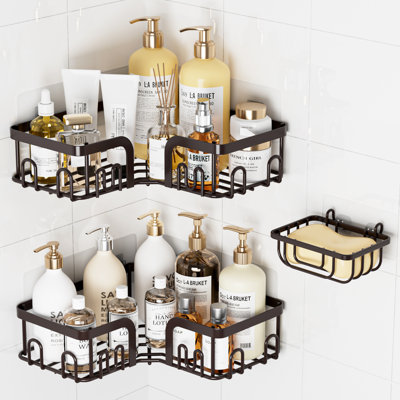 Serviteur de douche adhésif de coin en acier inoxydable, organisateur de douche antirouille avec porte-savon, brun