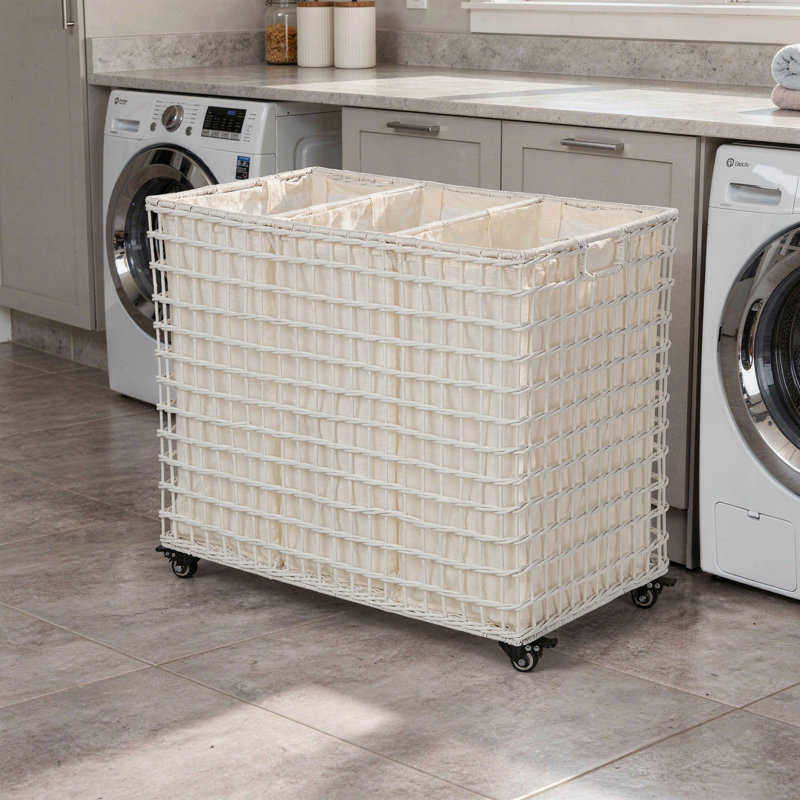 Hand Woven Wicker Rolling Laundry Sorter with Handles, White