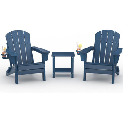 Set of 2 Folding Adirondack Chairs with 1 Side Tables, HDPE Wood-Grain Outdoor Patio Seating with Cup Holders for Decks, Gardens, Fire Pit