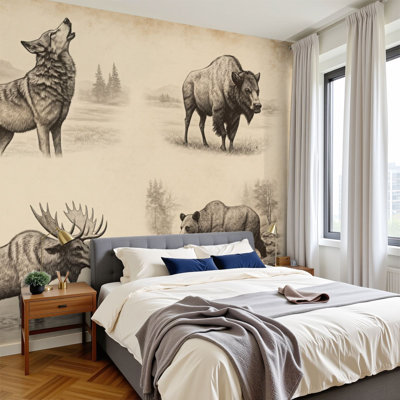 Peel and Stick Wallpaper 96" W x 69" H Modern Self Adhesive Wall Mural for Bedroom Wildlife Animals Vintage Sketch Wolf Bison Moose Bear Sepia Tones
