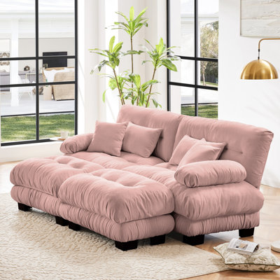 Chenille rose 2 places pour le salon: canapé-lit avec repose-pieds et coussins assortis - Décoration élégante, coussins lombaires confortables pour dormir avec un coussin de taille, jeté de traversin exquis, comme un siège