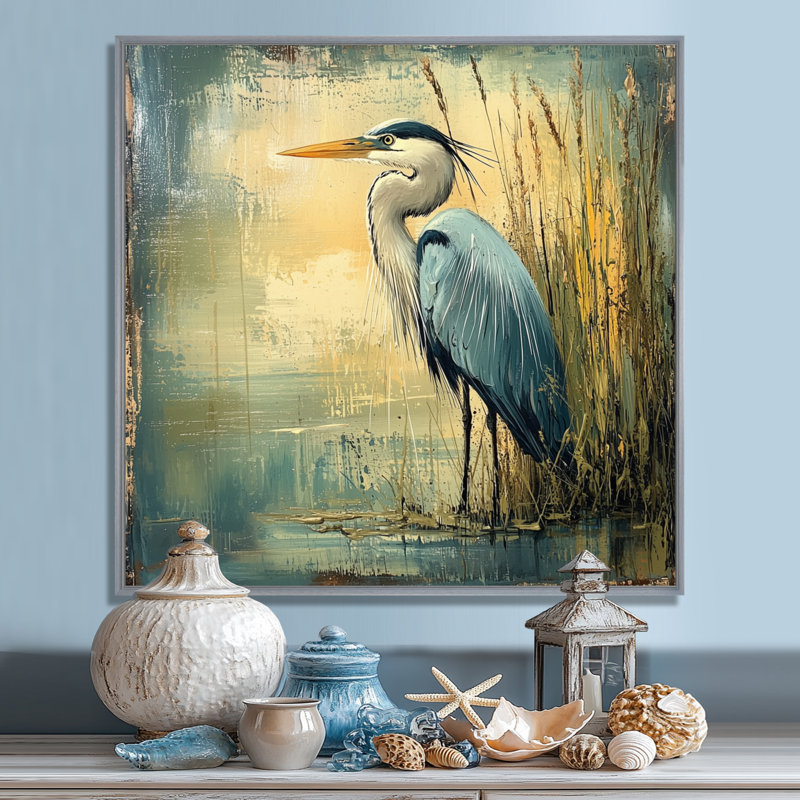 Ayise Heron at the Farm Pond II - héron, art mural, H 36 po x l 36 po, Impression encadrée flottante, Argent argent