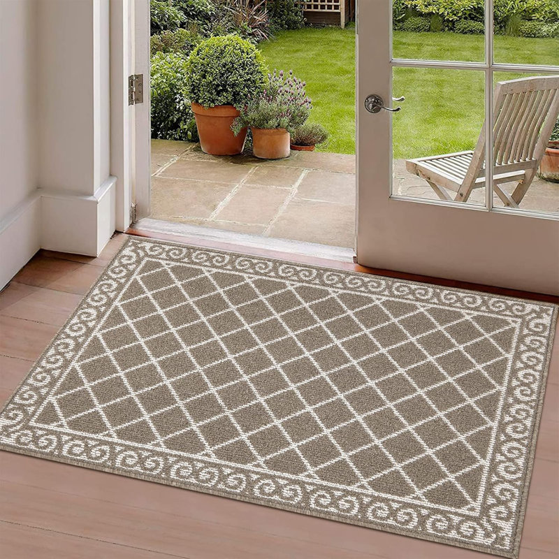  Non Slip Door Mat Stain Front Door Welcome Mats, 32'' W x 48'' L, Brown/White