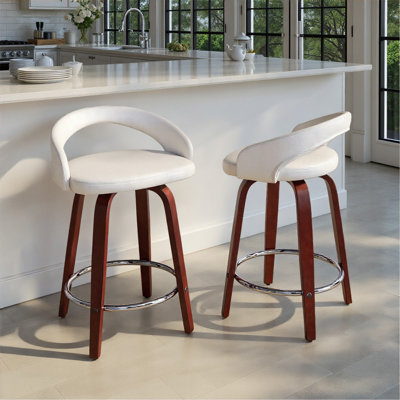 Tabouret de comptoir à hauteur fixe avec pivot en bois d'acajou, repose-pieds en métal chromé et similicuir blanc - ensemble de 2