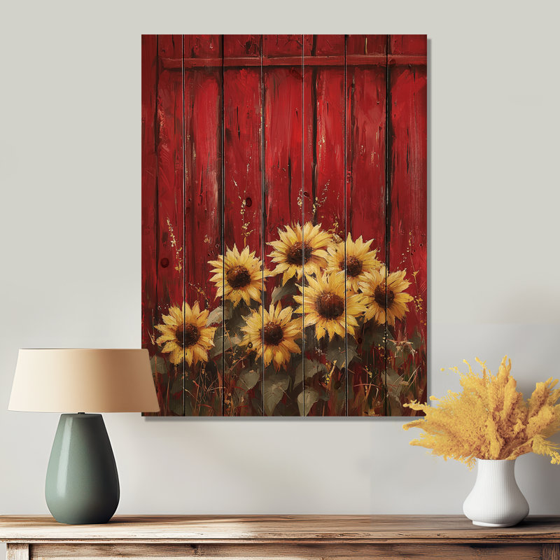 Sunflowers And The Red Barn I - Sunflowers Wood Print - On Natural Pine Wood, 20" H x 10" W x 0.78" D