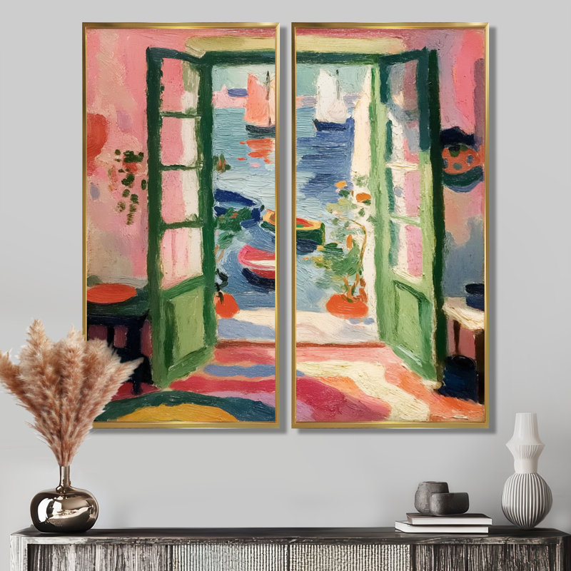 «Italian Summer Window Scenery - Coastal Windows, impressions sur toile, art mural vert bord de mer 2 pièces, Cadre flottant