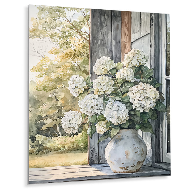 «Country Hydrangeas Pot In The Summer Breeze - Hydrangea», art mural en métal traditionnel, H 32 po x l 24 po