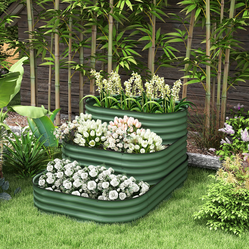 Lit de jardin surélevé en acier galvanisé avec 3 structures, 61,47 po x 43 po x 31,5 po, répond aux exigences de différentes plantes, ouvert pour réduire les problèmes, trousse de bordure en caoutchouc, s'adapte aux tailles de plantes, améliore la gestion, scelle