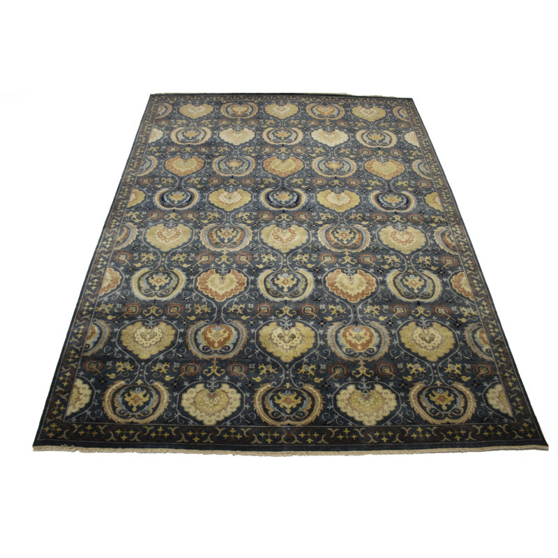 Ikat Hand-Knotted Wool Dark Slate/Cream/Blue Area Rug