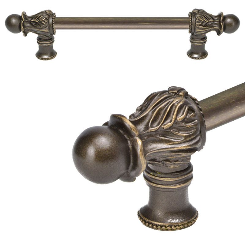Acanthe avec 1/2 barre ronde lisse à longue poignée de style roman, 6", Laiton antique