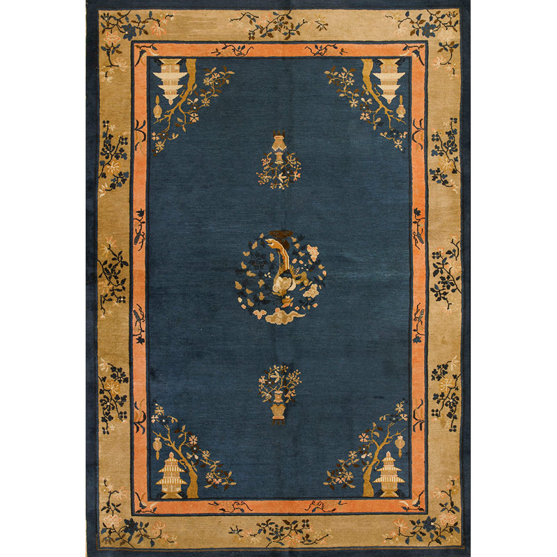 Blue Open Field Floral Medallion Antique Chinese Peking Area Rug