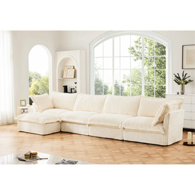 Canapé modulaire en forme de L long, 4 places avec 2 coussins et 2 coussins, siège profond confortable en velours côtelé crème, confortable