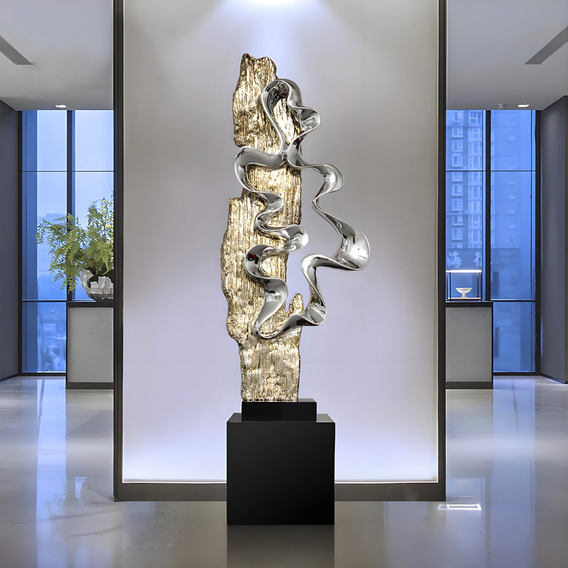 69,29 "H, sculpture de plancher abstraite et dorée de luxe, grand art décoratif pour les salons, les entrées et les espaces de meubles télé