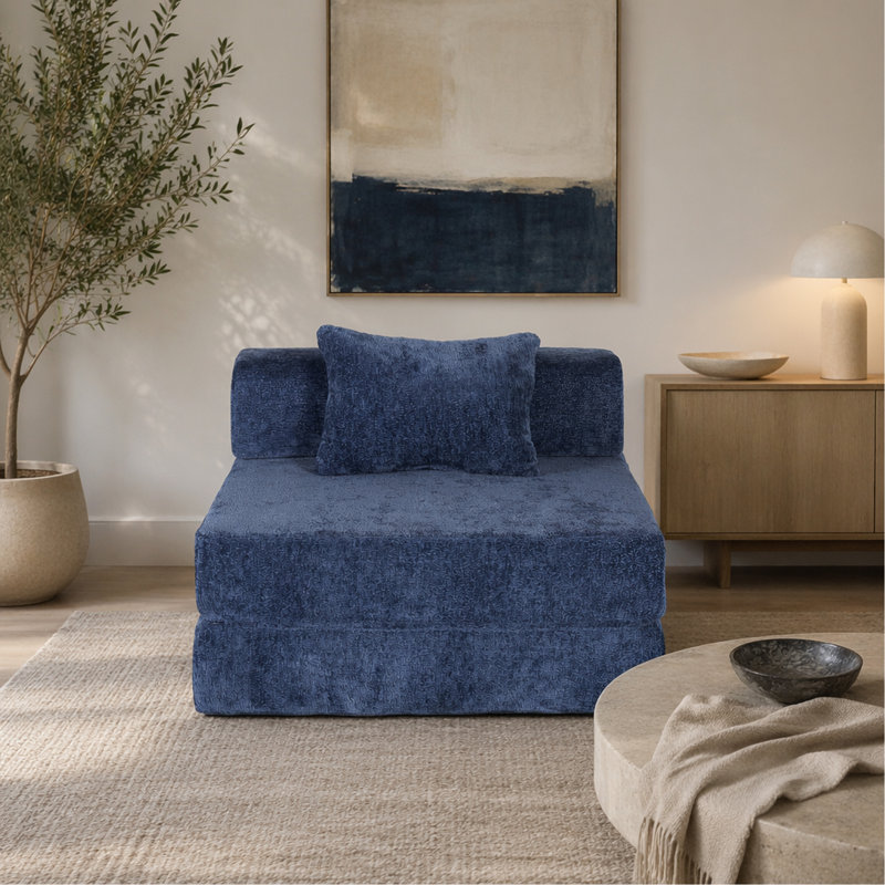 Canapé à compression, canapé-lit convertible au sol avec structure de forme fixe, canapé modulaire à assise simple sans os, sans assemblage requis, tissu chenille, pour la chambre du salon, bleu foncé