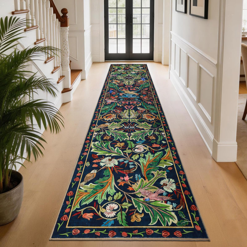Tapis de couloir botanique 2 x 10 pour couloirs antidérapants, longs tapis de couloir de la jungle Boho lavables, tapis de couloir floral doux pour les oiseaux, le couloir, la chambre à coucher, la salle de bain (vert foncé)