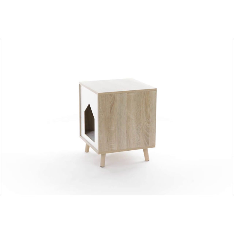 Modern Oak and White Cat Condo Side Table with Cushion