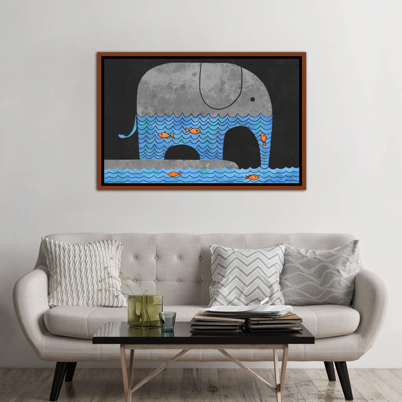 «Thirsty Elephant» par Terry Fan - impression, H 40 po x l 60 po x 1,5 po, Toile avec cadre brun, Pas de tapis