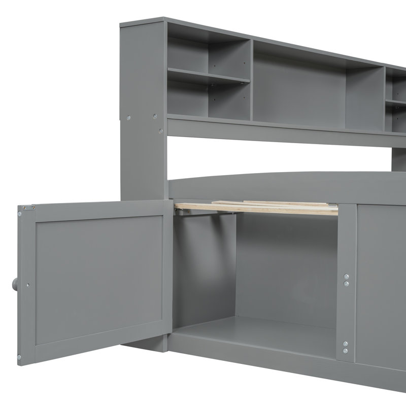 Full Size Wood Daybed With 2 Bedside Cabinets, Upper Shelves And 4 Drawers, Gray