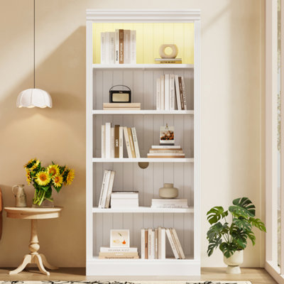 83.4" Tall Wood Bookcase with LED Light Strip, 5-Tier Adjustable Shelves Storage Organizer for Living Room Home Office, Beige and Yellow
