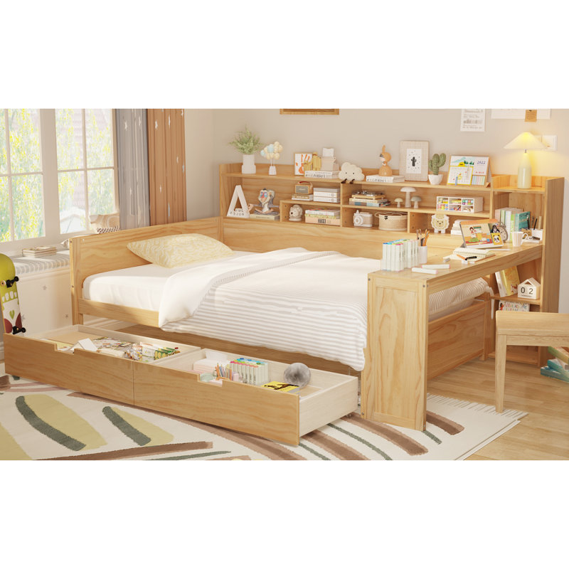 Lit de jour en bois naturel avec beaucoup de rangement et un bureau pour un salon chic, Naturel