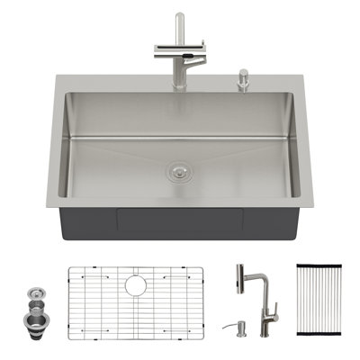 30" Drop-In Kitchen Sink With Pull-Out Faucet And Soap Dispenser - 30 X 22 X 10 Inch Single Bowl 16 Gauge Stainless Steel Topmount Kitchen Sink Basin