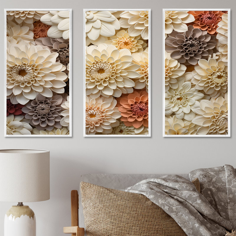 Minimalisme beige, fleurs de Zinnias - ensemble de reproductions d'art mural Zinnias, Cadre flottant blanc