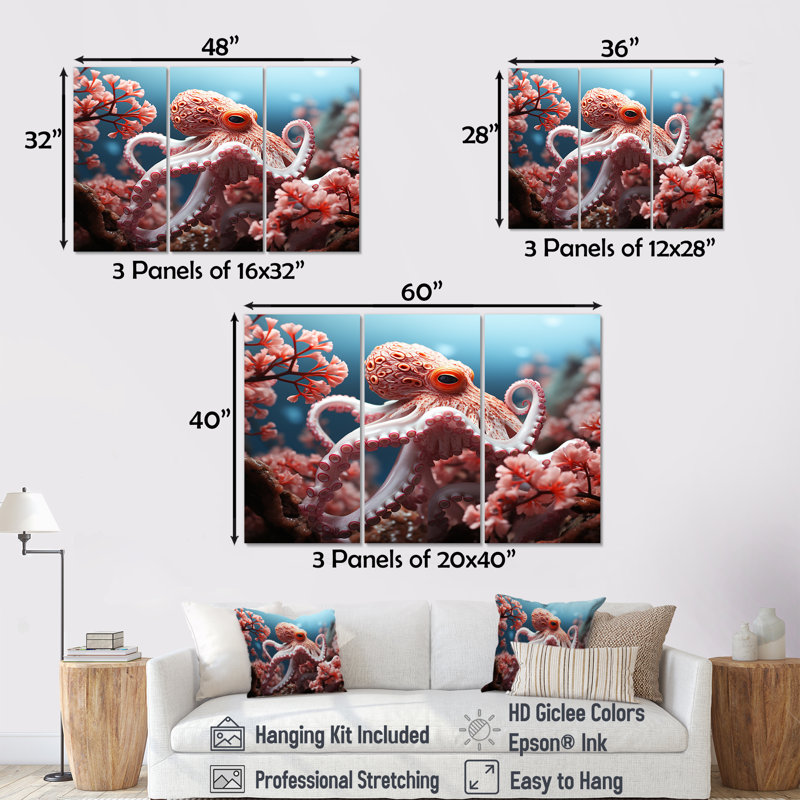 «Pink Octopus Garden of Tranquility» - ensemble de reproductions d'art mural pieuvre / calmar, H 32 po x l 48 po