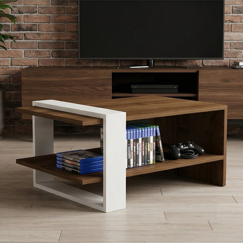 Aelwen 31" Modern 2-Tier Coffee Table with Geometric Frame, Medium Wood/White