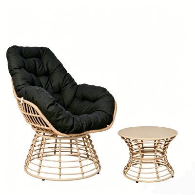 Ensemble de chaises pivotantes d'extérieur 2 pièces avec table d'appoint, rotin PE noir + fer, chaise longue de patio en osier 360 ° avec coussin, ensemble de conversation toutes saisons pour porche de jardin