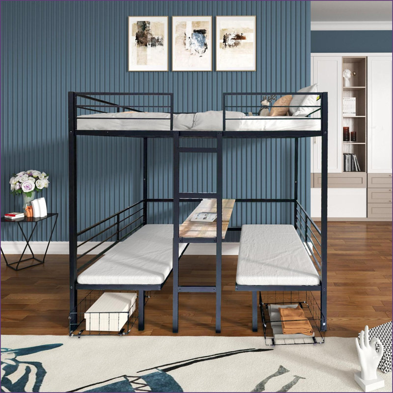 Full Size Metal Loft Bed with Transformable Table Set &amp; Storage Drawers - Convertible Bunk Bed, Full